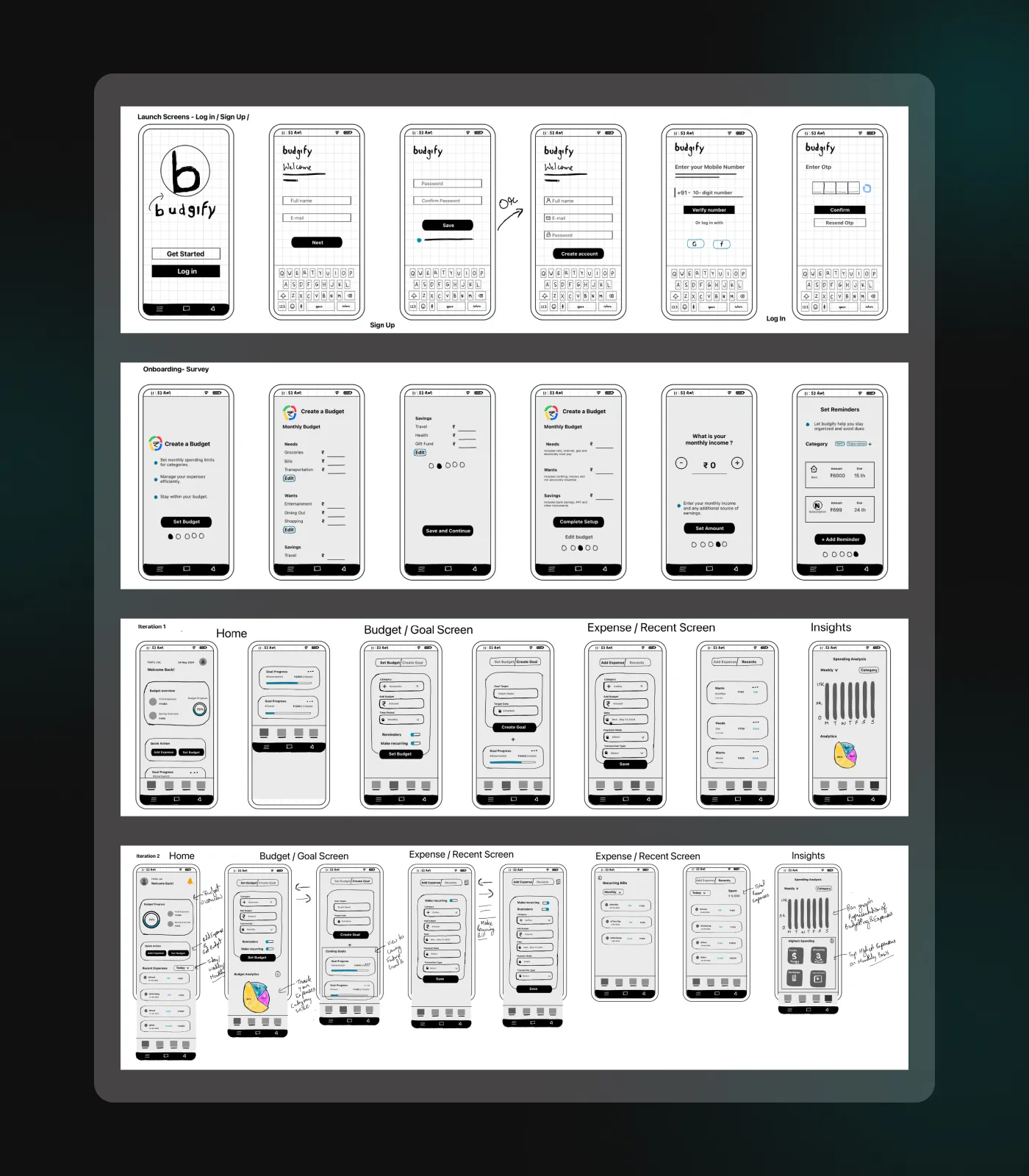 Mid-fidelity wireframe screens